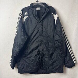 Vintage Adidas jacket men L Black Long Puffer Coat 2008 white‎ stripes on sleeve